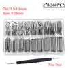 A clear plastic tray containing 270 to 360 stainless steel watch repair pins and spring bars with a free tool.