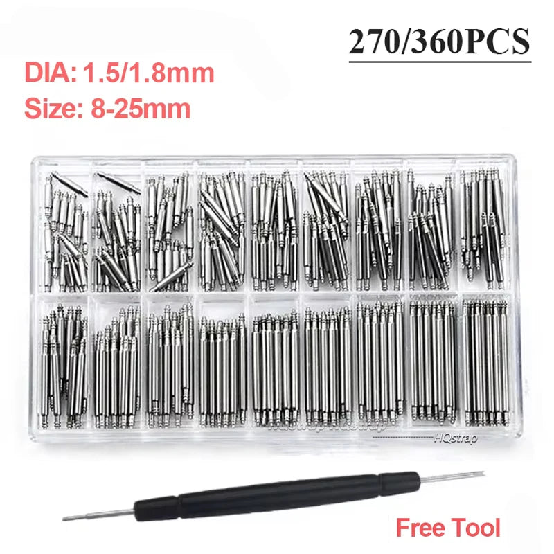 A clear plastic tray containing 270 to 360 stainless steel watch repair pins and spring bars with a free tool.