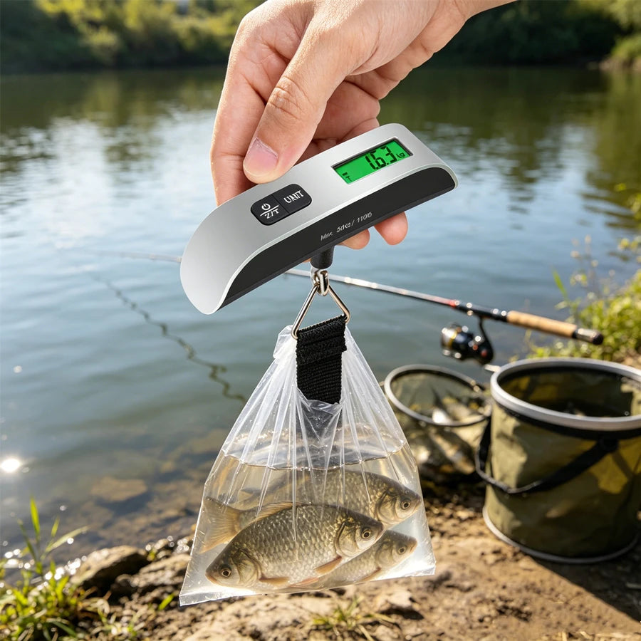 A hand holds a digital luggage scale with a green display over a fishing rod, with fish inside a clear bag nearby.