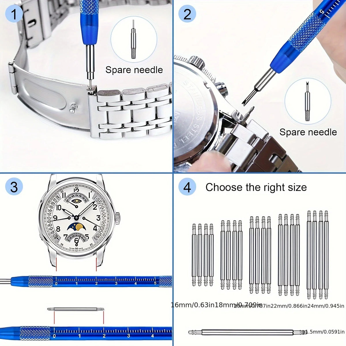 Präzisionsuhrreparatur-Kit mit Ersatznadeln und verschiedenen Nadelgrößen.