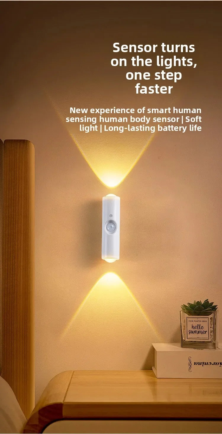 A white smart motion sensor wall light illuminates a room, demonstrating a new sensing experience.