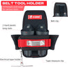 Black belt tool holder featuring 10 pockets and loops, with a red strap and metal clip.