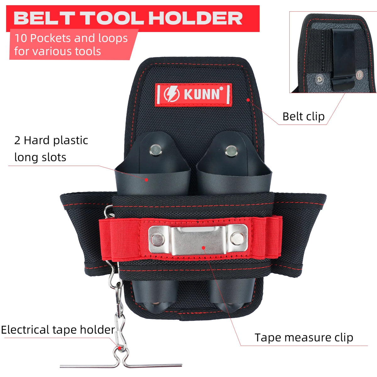 Black belt tool holder featuring 10 pockets and loops, with a red strap and metal clip.