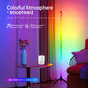 A colorful RGB LED corner floor lamp illuminates a room, showcasing light effects and customization options.