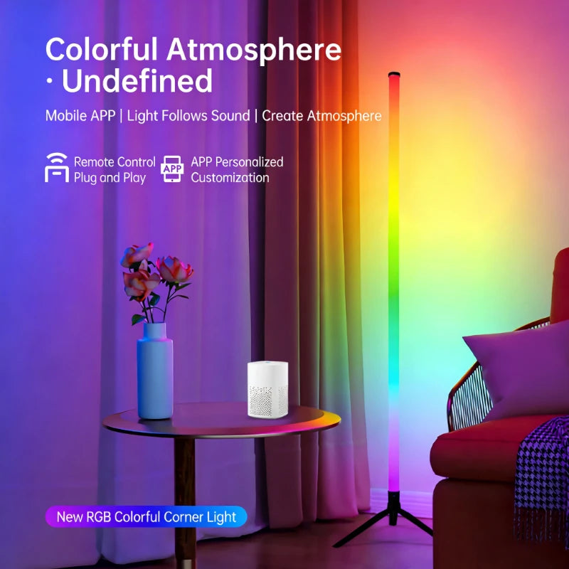 A colorful RGB LED corner floor lamp illuminates a room, showcasing light effects and customization options.