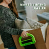 A woman is using heavy-duty furniture moving straps with a green handle to move a cardboard box.