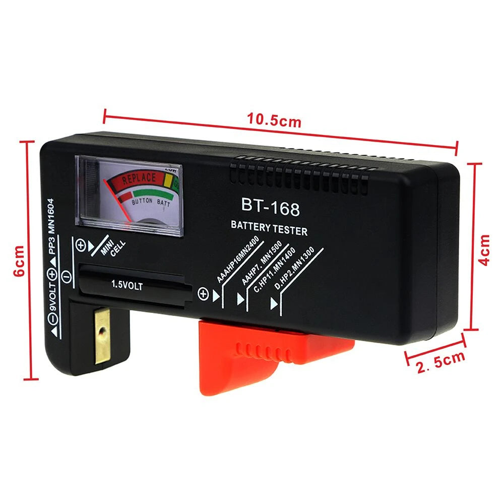 Black digital battery tester with a red connector and measurements shown.