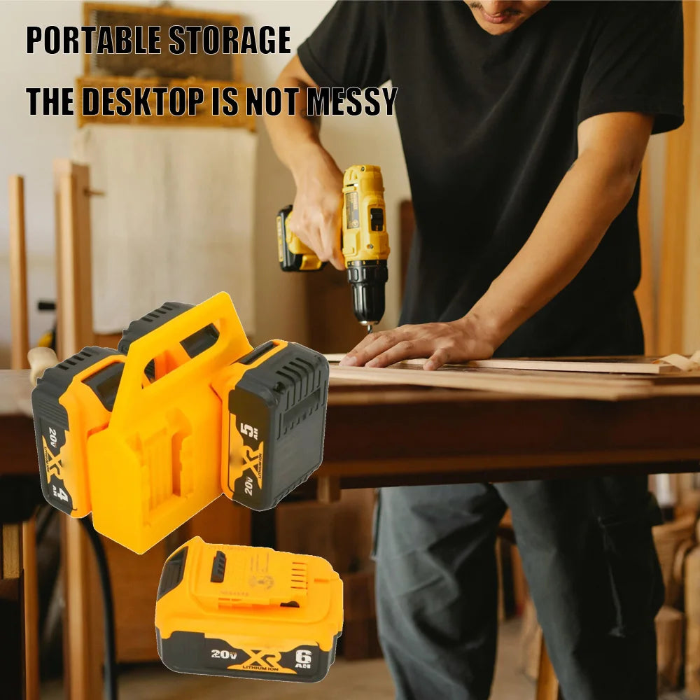 A person is using a yellow cordless drill and battery storage rack for power tools on a wooden workbench.