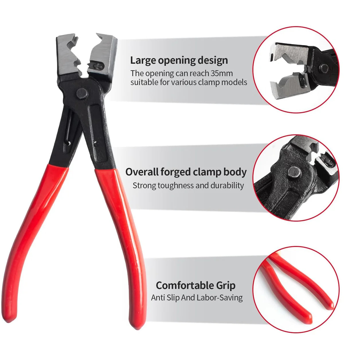 A pair of red and black heavy duty automotive electrical disconnect pliers with a large opening design.