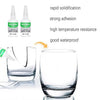 A glass cup is shown next to bottles of instant high-strength oily glue with features like rapid solidification and strong ad