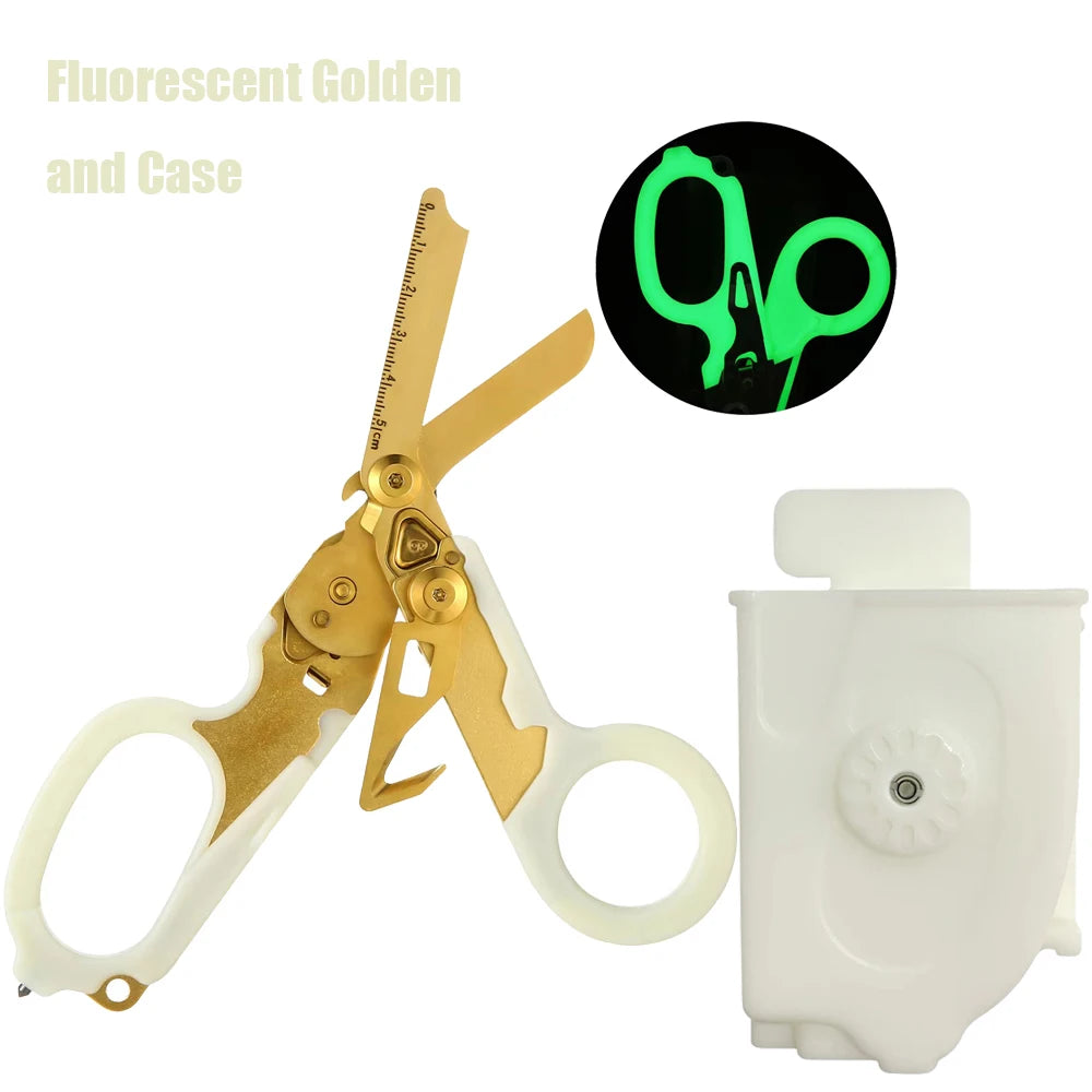 Tactical folding rescue scissors with a fluorescent green handle and case