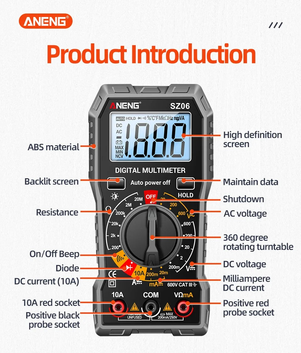 A digital multimeter with a large display and various test functions is shown.