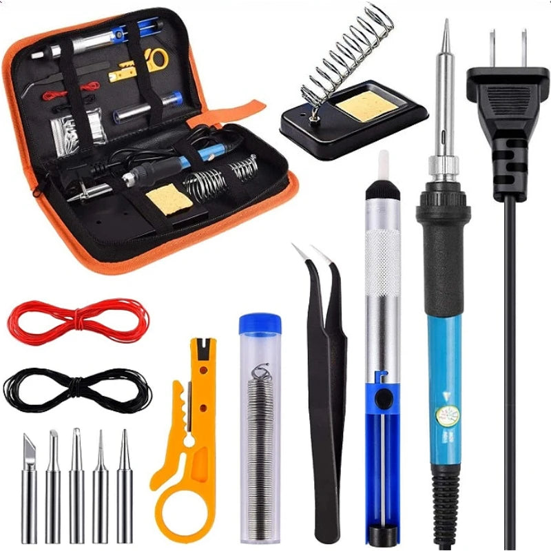 A professional soldering iron kit featuring a digital multimeter and various tools like pliers, cutters, and soldering irons.