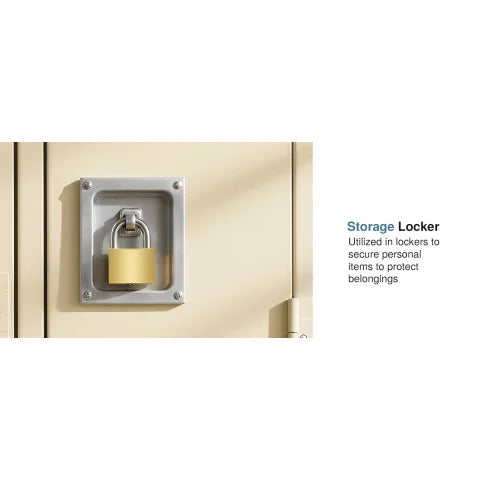 A silver storage locker with a padlock installed, used to secure personal items.