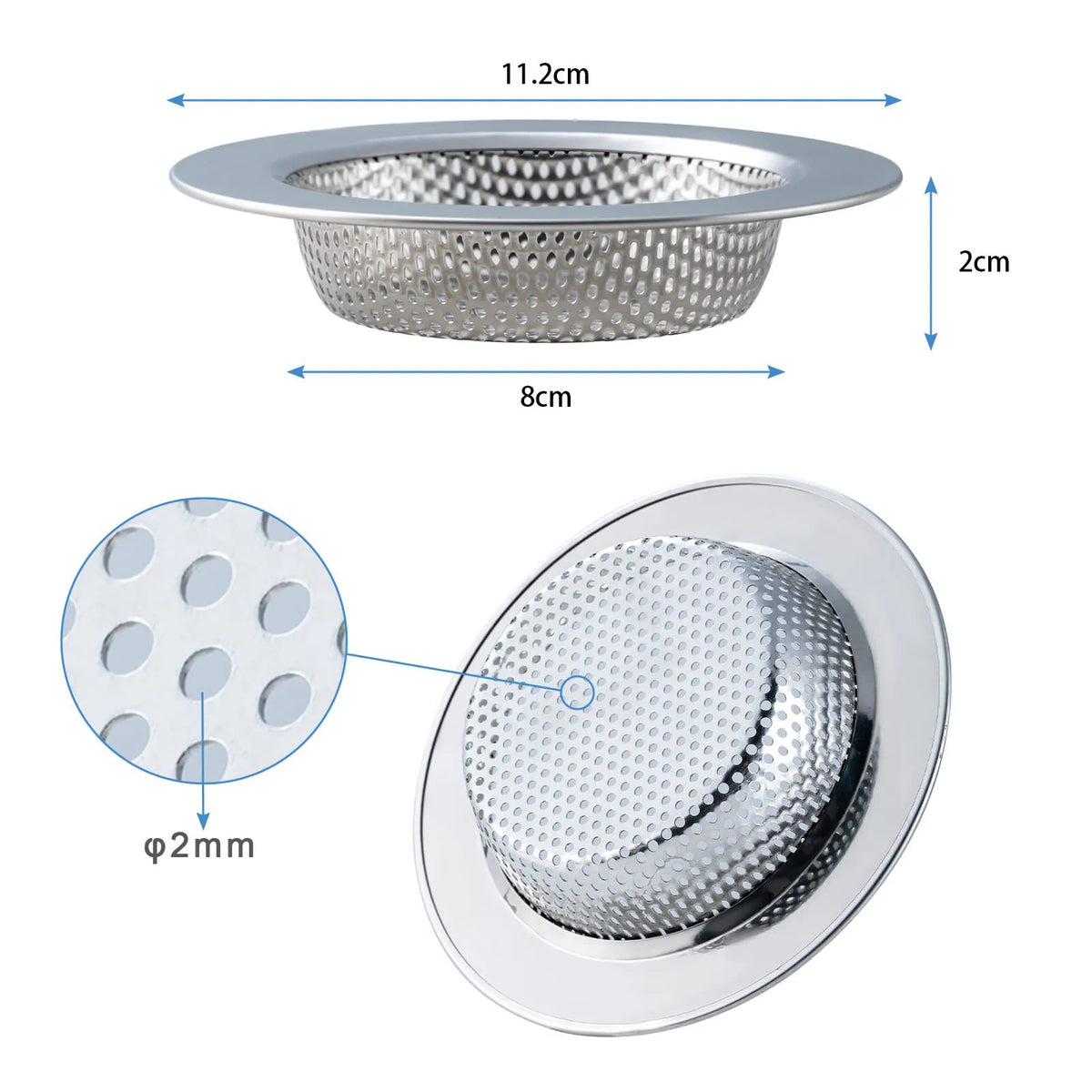 Dos coladores de desagüe para fregadero de acero inoxidable, uno ovalado y uno redondo, con una altura de 2 cm.