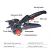 A black grafting knife set featuring a replacement blade, pruner blade, grafting blade, and a safety lock.
