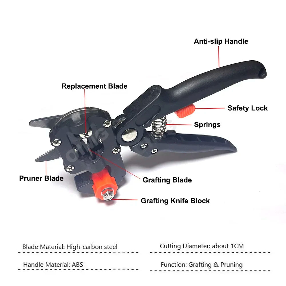 A black grafting knife set featuring a replacement blade, pruner blade, grafting blade, and a safety lock.