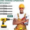 A smiling man wearing a hard hat and safety gear holds an orange power tool and a set of screw holder bits.