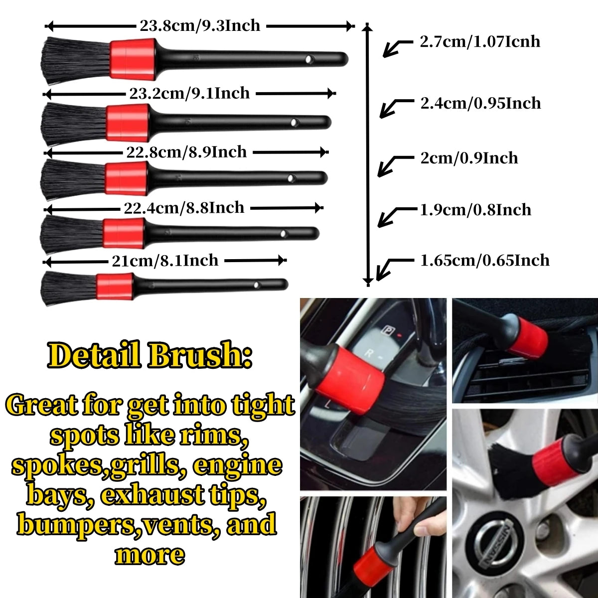 A set of six detailing brushes with various sizes and shapes for automotive cleaning