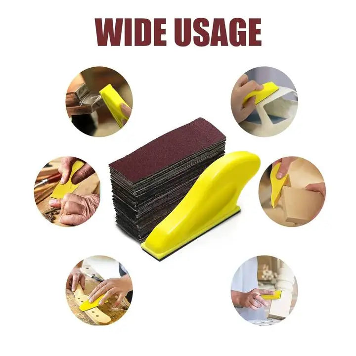 A yellow multi-grain precision grinder kit shown in various uses for fine surface smoothing.