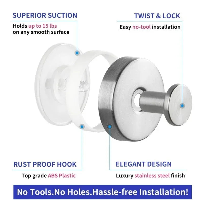 Stainless steel suction cup hook with a round handle and white plastic ring for easy installation