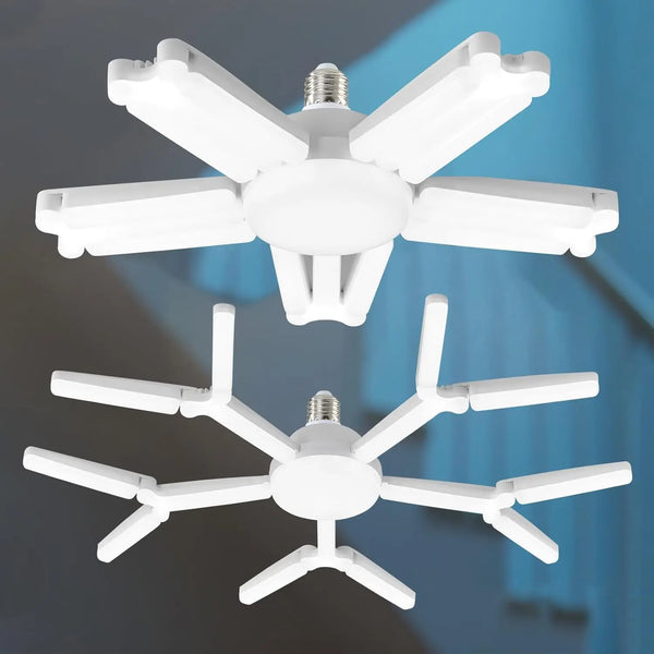Ampoule LED de garage blanche à haute puissance avec design étoile vue de dessus et de dessous.