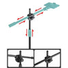 A teal tripod with a boom arm and ring light setup shown in various angles.