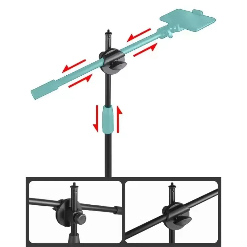 A teal tripod with a boom arm and ring light setup shown in various angles.