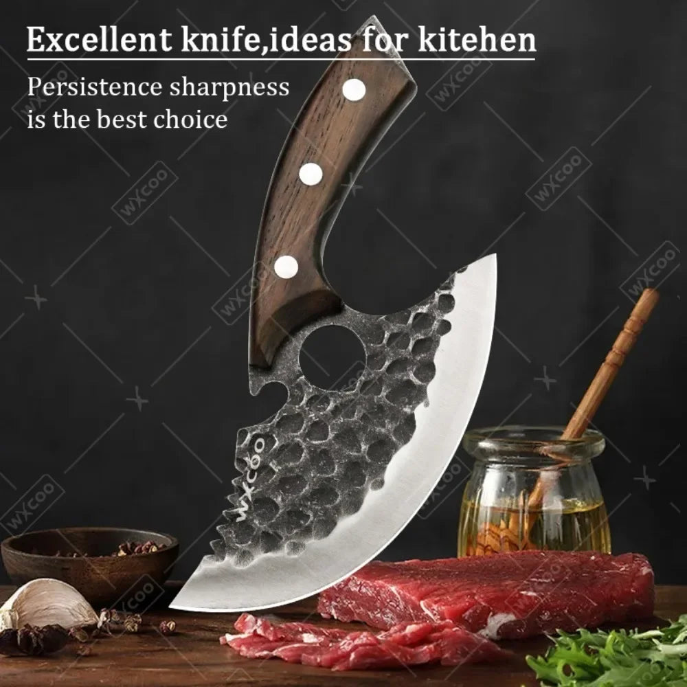 A forged stainless steel boning knife is shown next to raw red meat and a bottle opener on a wooden surface.