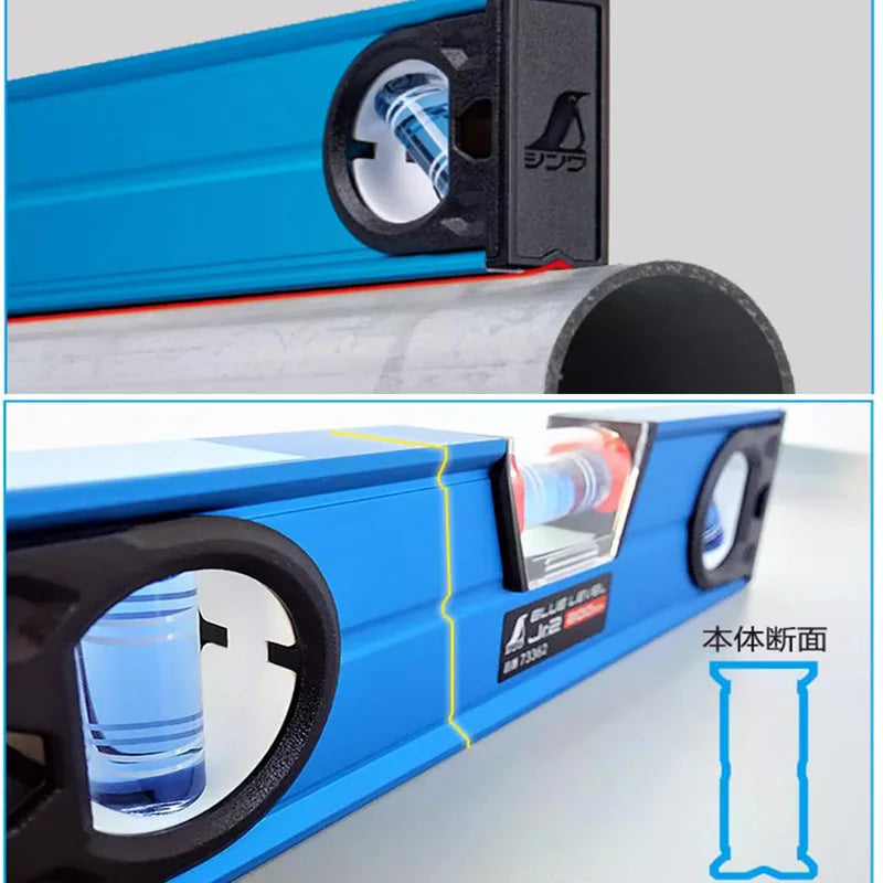 A close-up view of a blue precision bubble level ruler set showing the alignment features and markings.