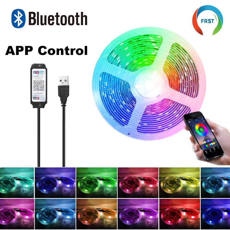 A hand holds a color changing RGB LED strip light, showing various vibrant colors and patterns.