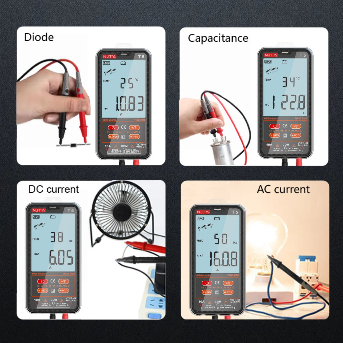 Images showing a digital multimeter measuring diode, capacitance, DC current, and AC current.
