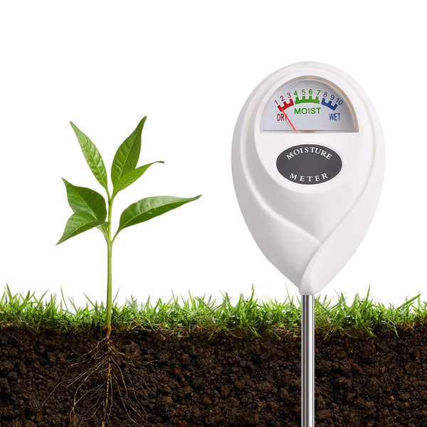 A white digital soil moisture meter is shown next to a plant growing in dark soil.