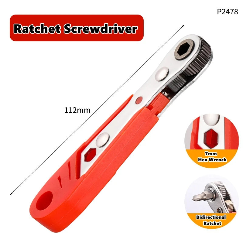 مفك براغي رايت (ratchet) أحمر وفضي، بعمود 112 ملم وملحق مفتاح سداسي 7 ملم.
