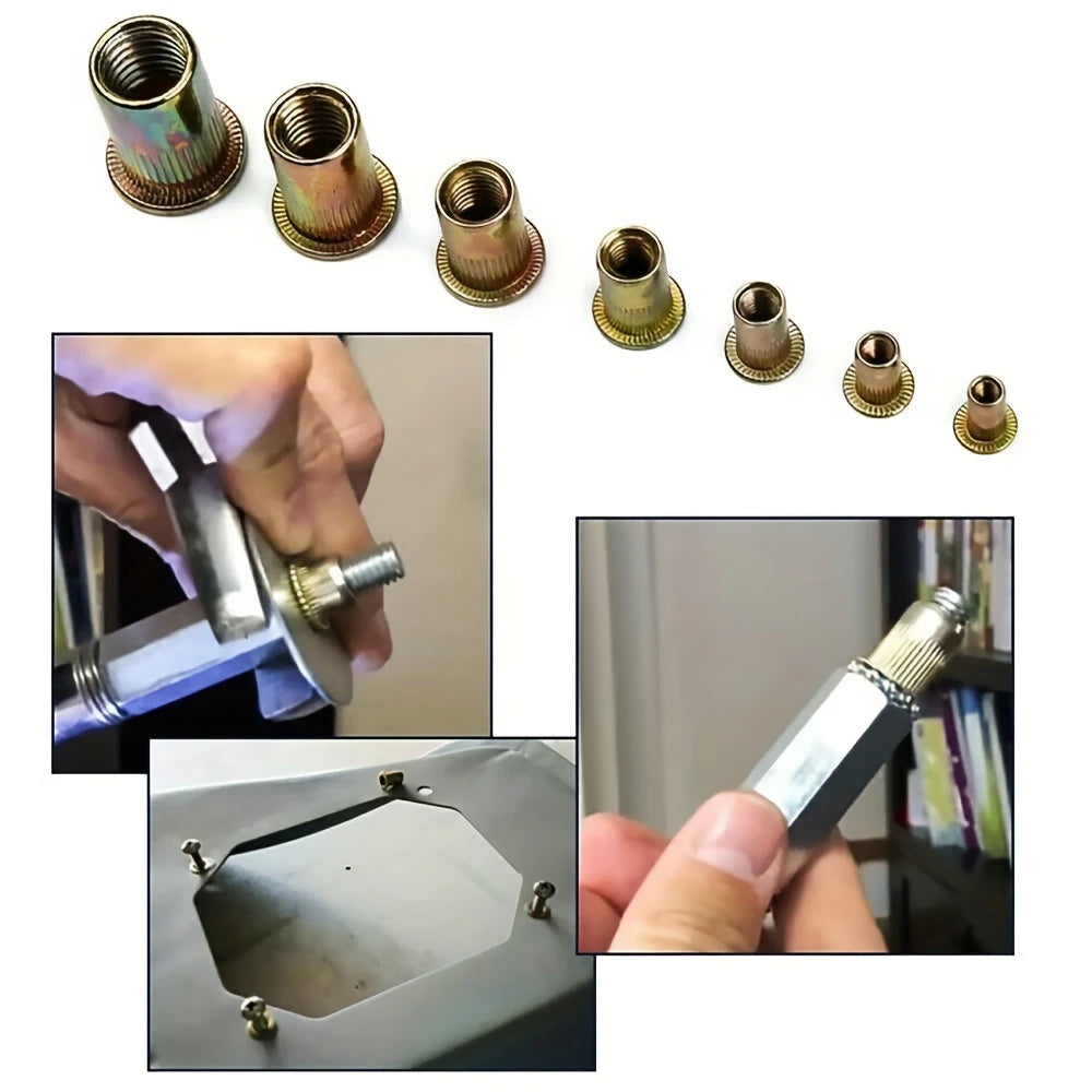 A kit showing various precision rivet nuts and threaded rivets, including components for assembly.