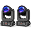 A professional DMX moving head light with a blue lens mounted on a black stand.