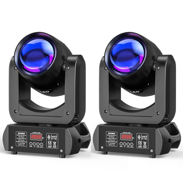A professional DMX moving head light with a blue lens mounted on a black stand.