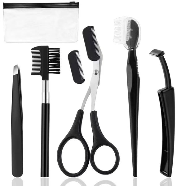 Set professioneller Augenbrauen-Trim-Werkzeuge, einschließlich Flachtrimmer, Kämme und Präzisionsscheren.