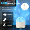 A white USB power supply setup showing an adapter, power bank, and USB adapter next to a glowing water ripple projector night