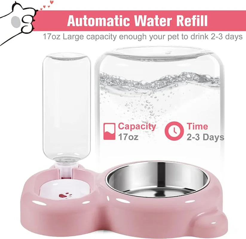 Dispensa automática de agua rosa para mascotas con capacidad de 17 oz y suministro para 2-3 días.