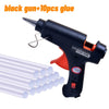 A black glue gun with a nozzle and 10 pieces of glue is shown next to a bundle of clear glue sticks.