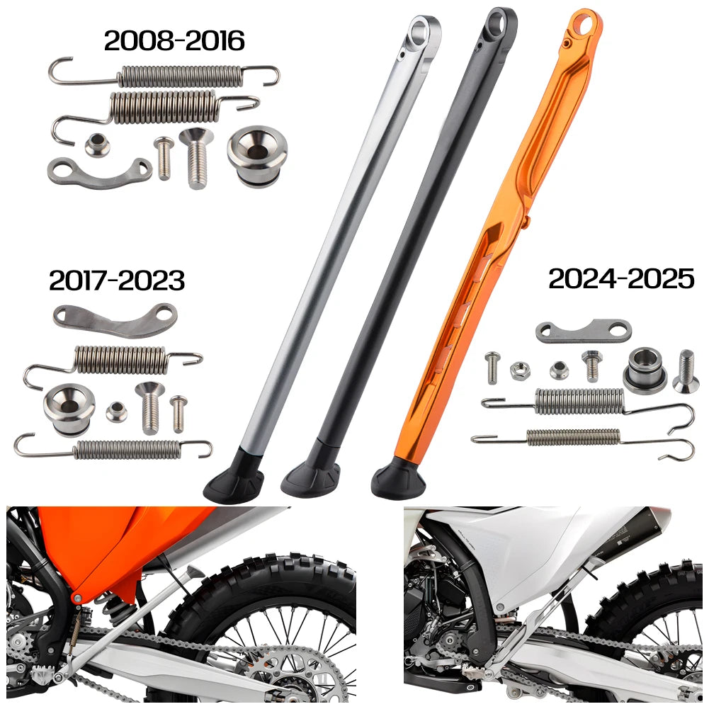 Kit of motorcycle side stand kickstands for KTM, showing various models and components across different years.