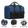 A navy blue and black multi-compartment tool organizer bag with a handle, showing details like the double zipper, sturdy base