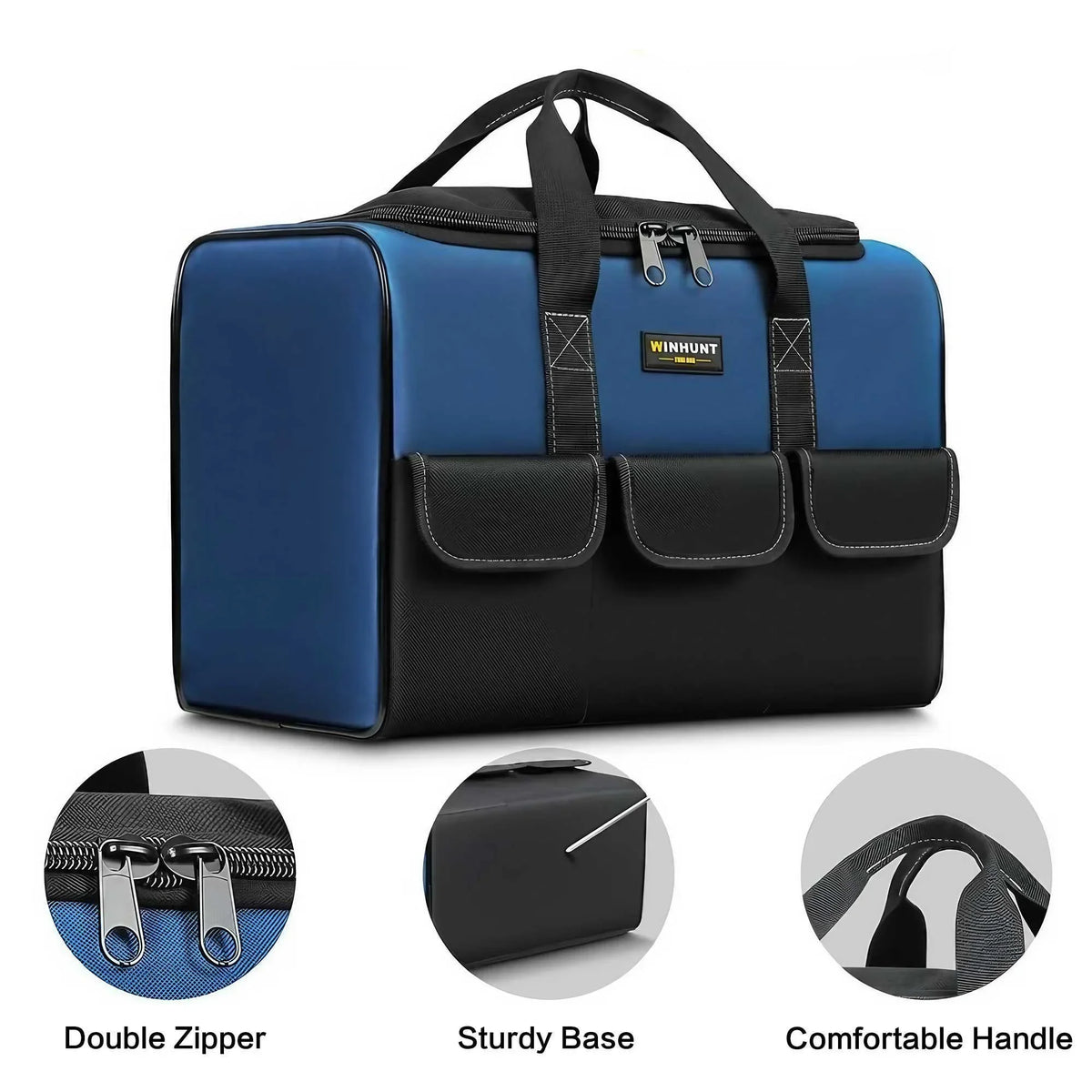A navy blue and black multi-compartment tool organizer bag with a handle, showing details like the double zipper, sturdy base