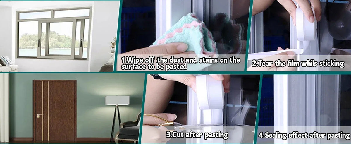 Step-by-step guide showing how to apply and seal silicone weather stripping seal tape on a window frame.