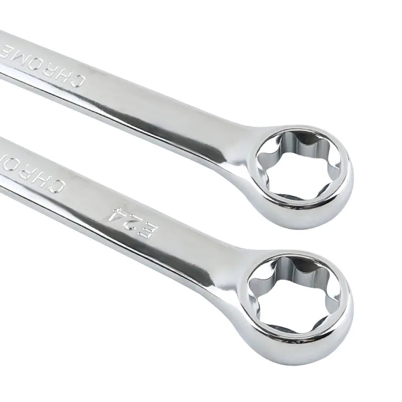 A pair of chrome precision E-Torx hex socket set tools.