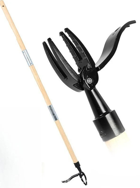 A black adjustable vertical weed puller tool with a wooden handle and metal tip.