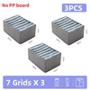 Three fabric storage organizer boxes with grids for versatile storage.