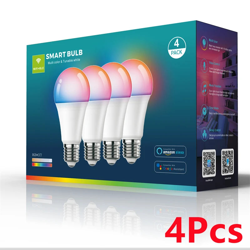 A box showing four WiFi Smart LED Bulbs in a pack with an Amazon Alexa compatibility logo.