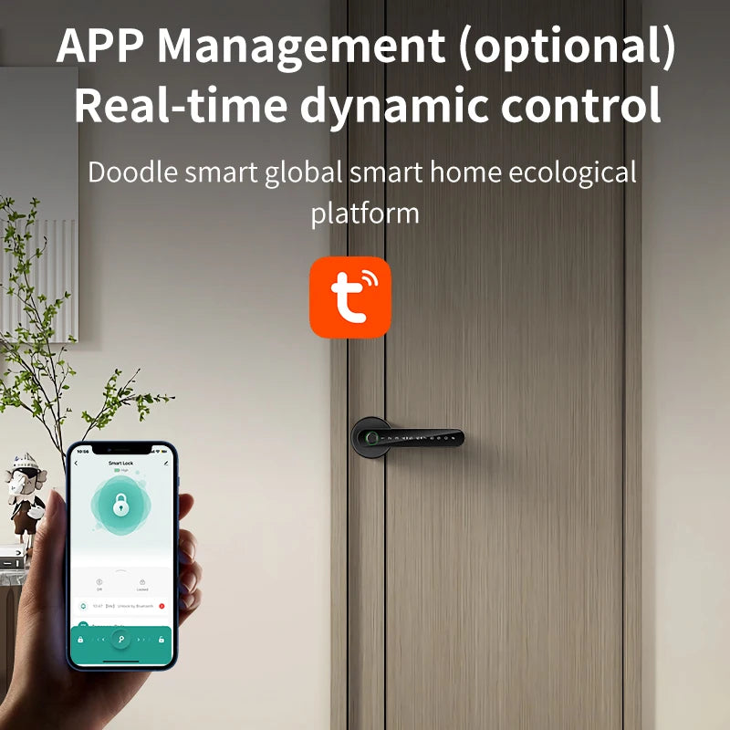 A hand holds a smartphone displaying an app interface for real-time dynamic control of a smart home door lock.